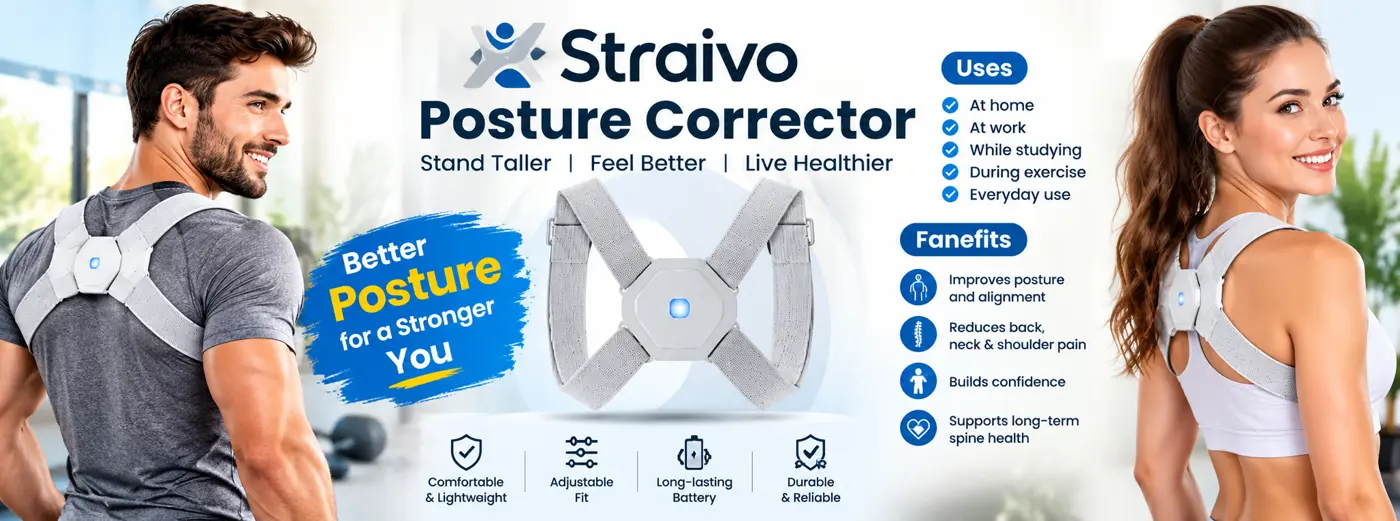 Man and woman wearing the Straivo Posture Corrector, with uses and benefits listed